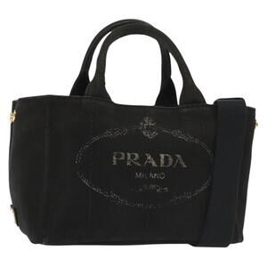 PRADA Canapa PM Hand Bag Canvas 2way Black Gold Auth gh658
